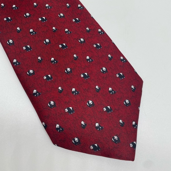 Kai Long Red Silk Handmade Panda Print Tie - Picture 1 of 12
